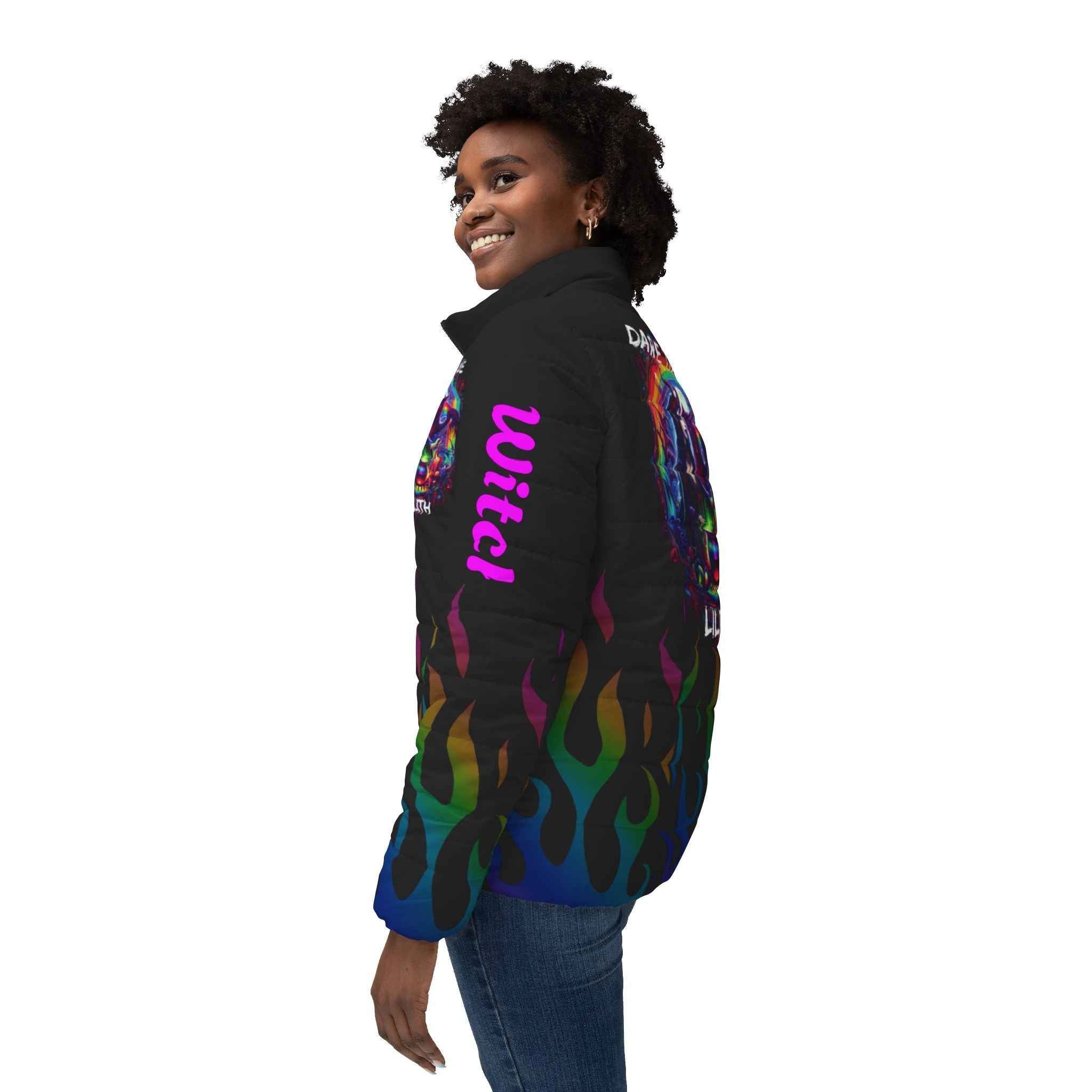 Women’s Puffer Jacket — "Embrace Your Inner Lilth" Rainbow Flame All-Over Print