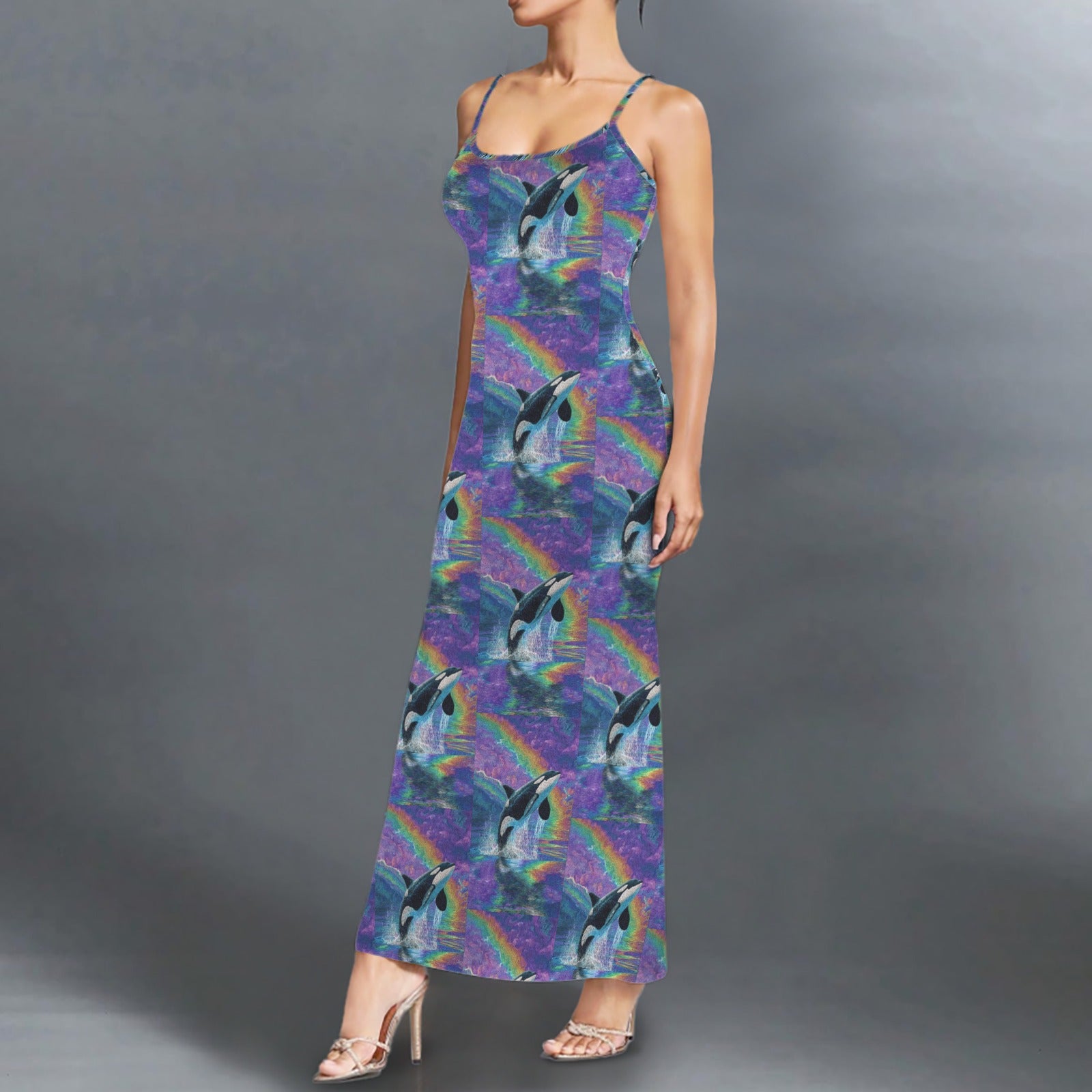 trippy neon orcha  print long sleevless slip maxi dress