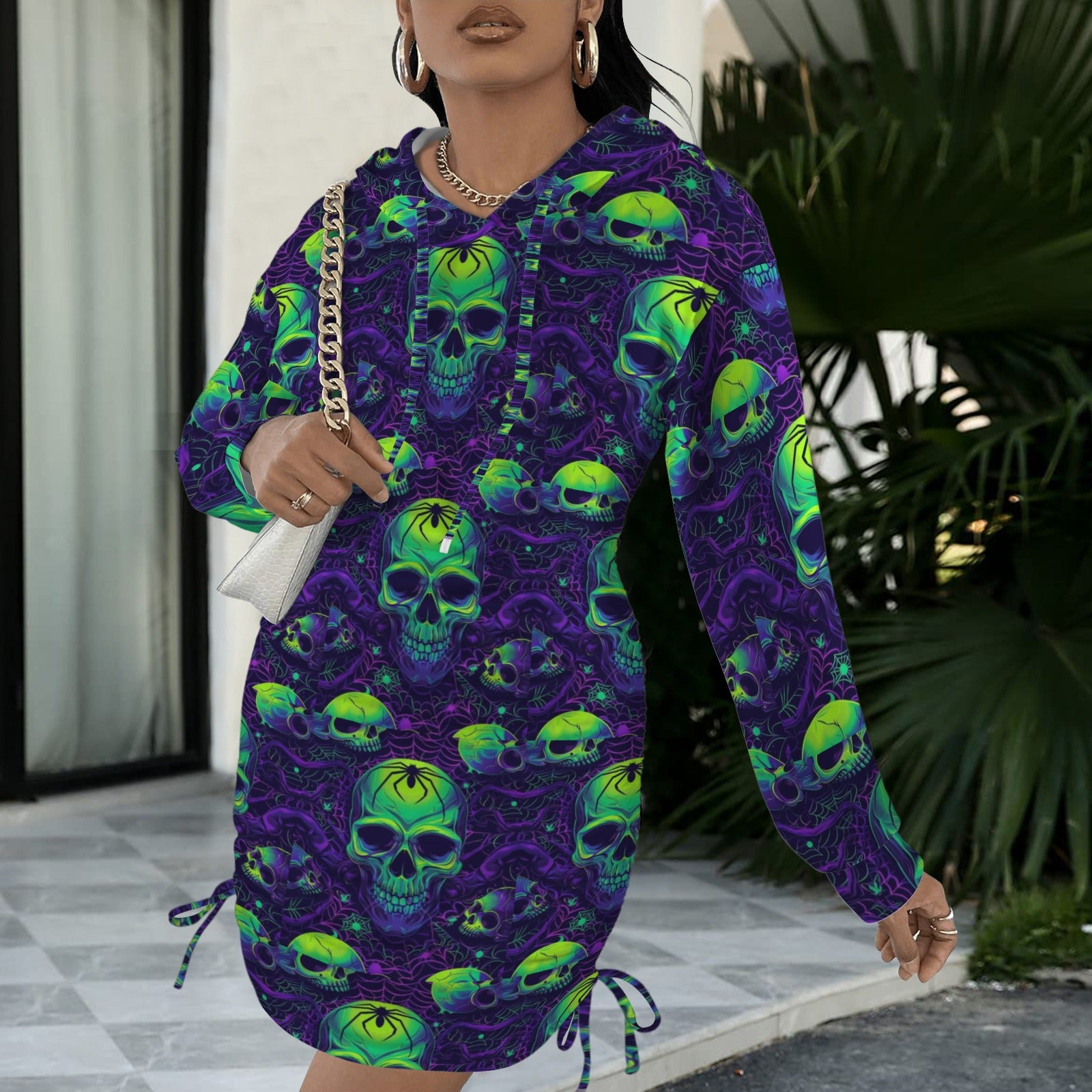 Purple and Green Gothic Skull Style Hoodie Dress 1