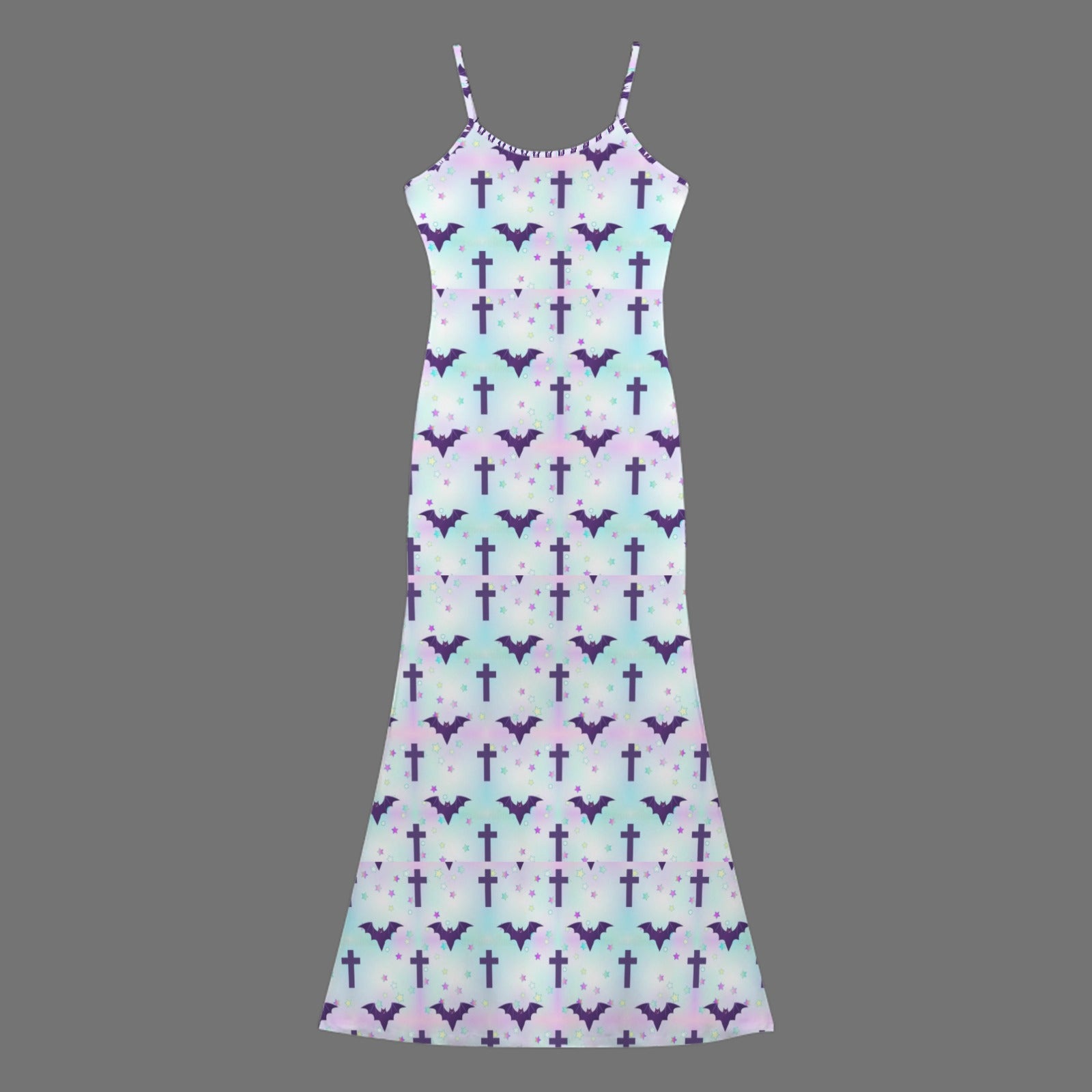 Gothic bats and crosses print long sleevless slip maxi dress