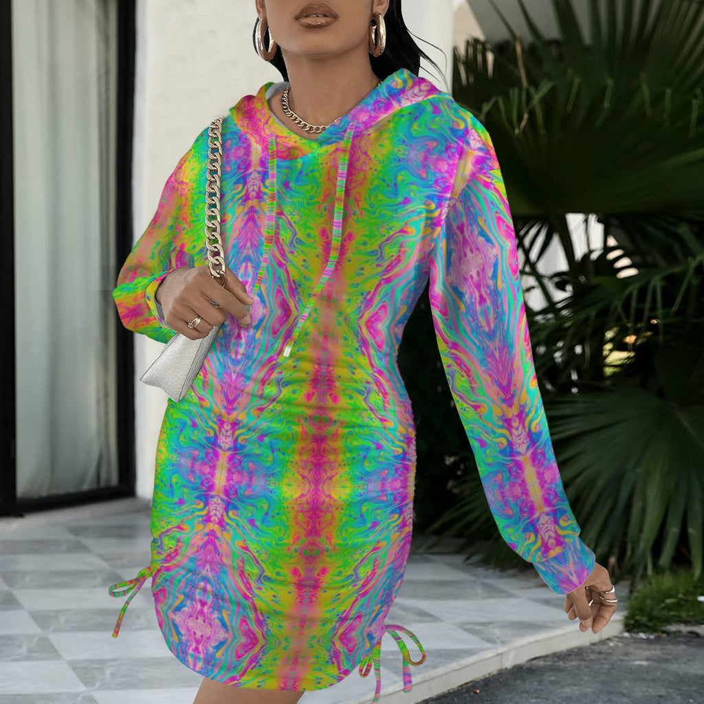 Trippy Neon Rainbow Tie-Dye Gothic Style Hoodie Dress 2