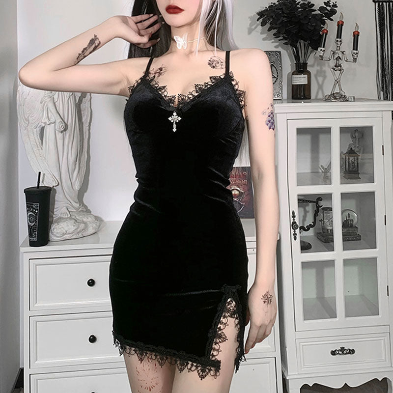 Gothic Dark Cross Black Mini Dress Vintage Sexy Spaghetti Strap High Waist Slit Dresses - Night Bloom Digital Empire Studios