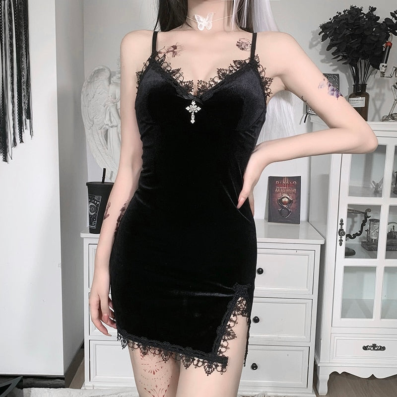 Gothic Dark Cross Black Mini Dress Vintage Sexy Spaghetti Strap High Waist Slit Dresses - Night Bloom Digital Empire Studios