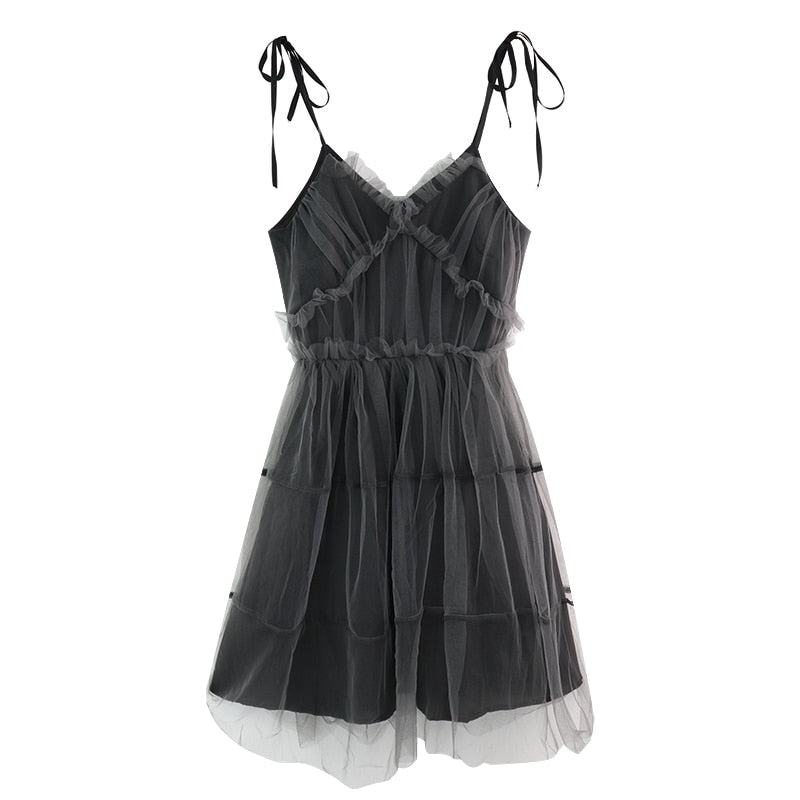 Dark Gothic Harajuku Dress Women Vintage Mesh Patchwork Lace Up High Waist Dress - Night Bloom Digital Empire Studios