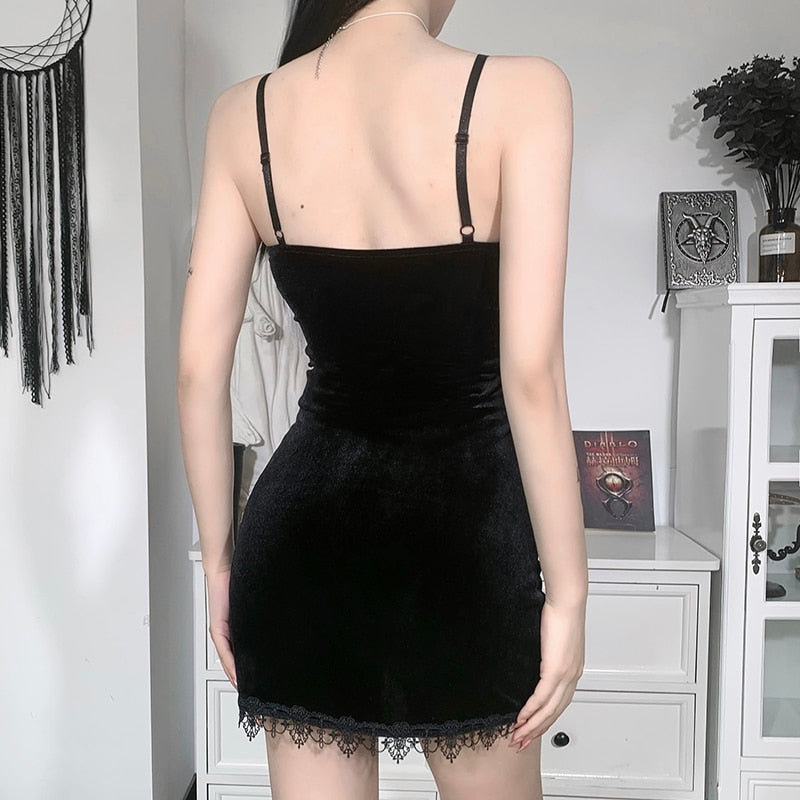 Gothic Dark Cross Black Mini Dress Vintage Sexy Spaghetti Strap High Waist Slit Dresses - Night Bloom Digital Empire Studios