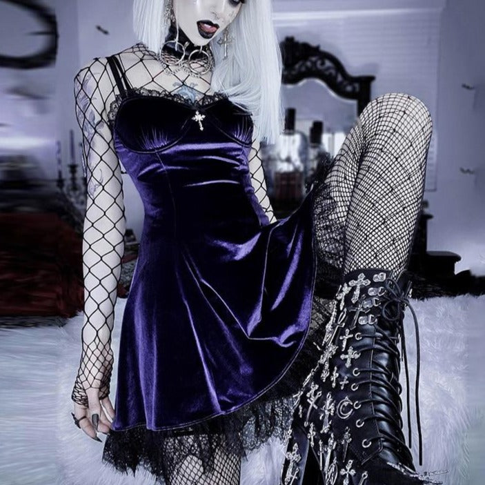 Goth Cross Sexy Purple Dress Vintage Velvet A Line Lolita Dress Aesthetic Gothic - Night Bloom Digital Empire Studios