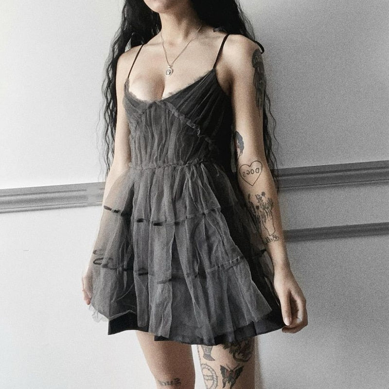 Dark Gothic Harajuku Dress Women Vintage Mesh Patchwork Lace Up High Waist Dress - Night Bloom Digital Empire Studios