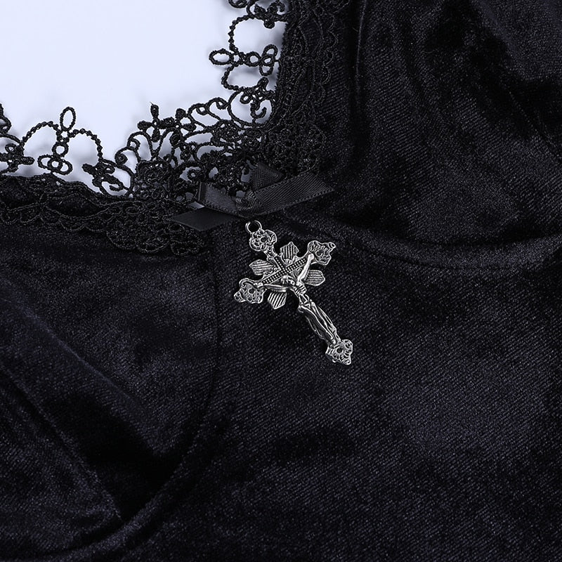 Gothic Dark Cross Black Mini Dress Vintage Sexy Spaghetti Strap High Waist Slit Dresses - Night Bloom Digital Empire Studios