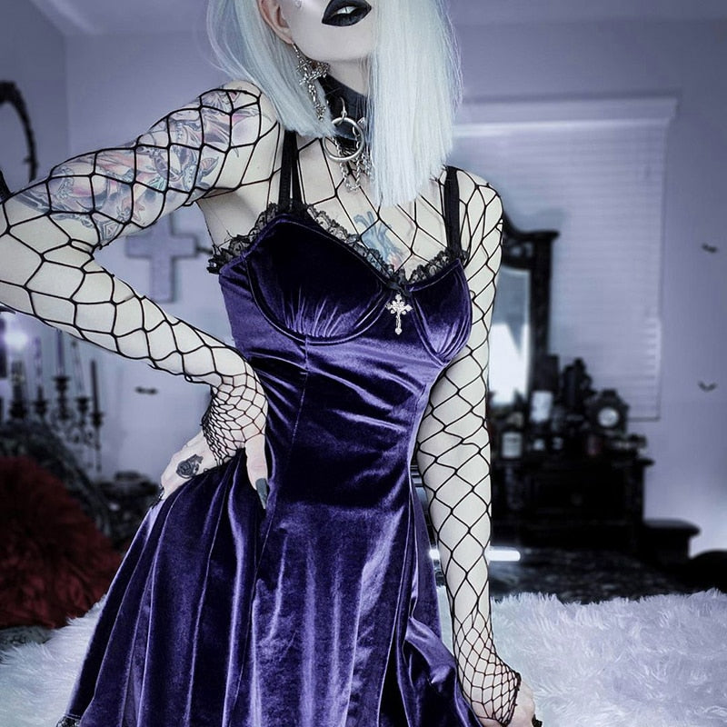 Goth Cross Sexy Purple Dress Vintage Velvet A Line Lolita Dress Aesthetic Gothic - Night Bloom Digital Empire Studios