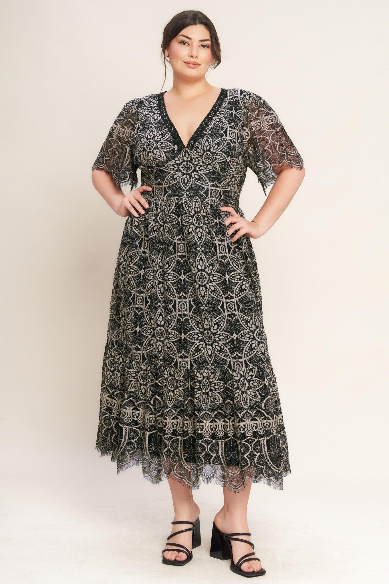 GOTHIC BLOOM WOVEN LACE MIDI DRESS - Night Bloom Digital Empire Studios