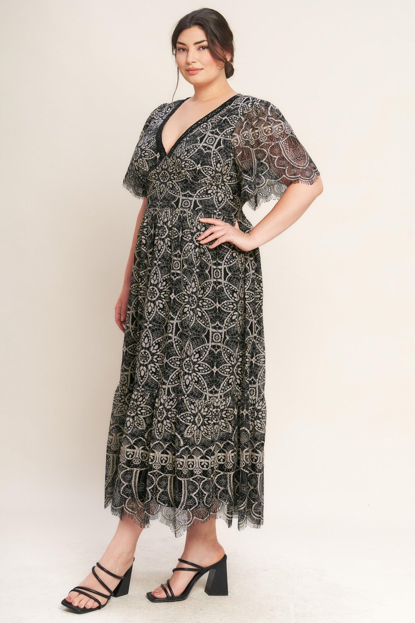 GOTHIC BLOOM WOVEN LACE MIDI DRESS - Night Bloom Digital Empire Studios