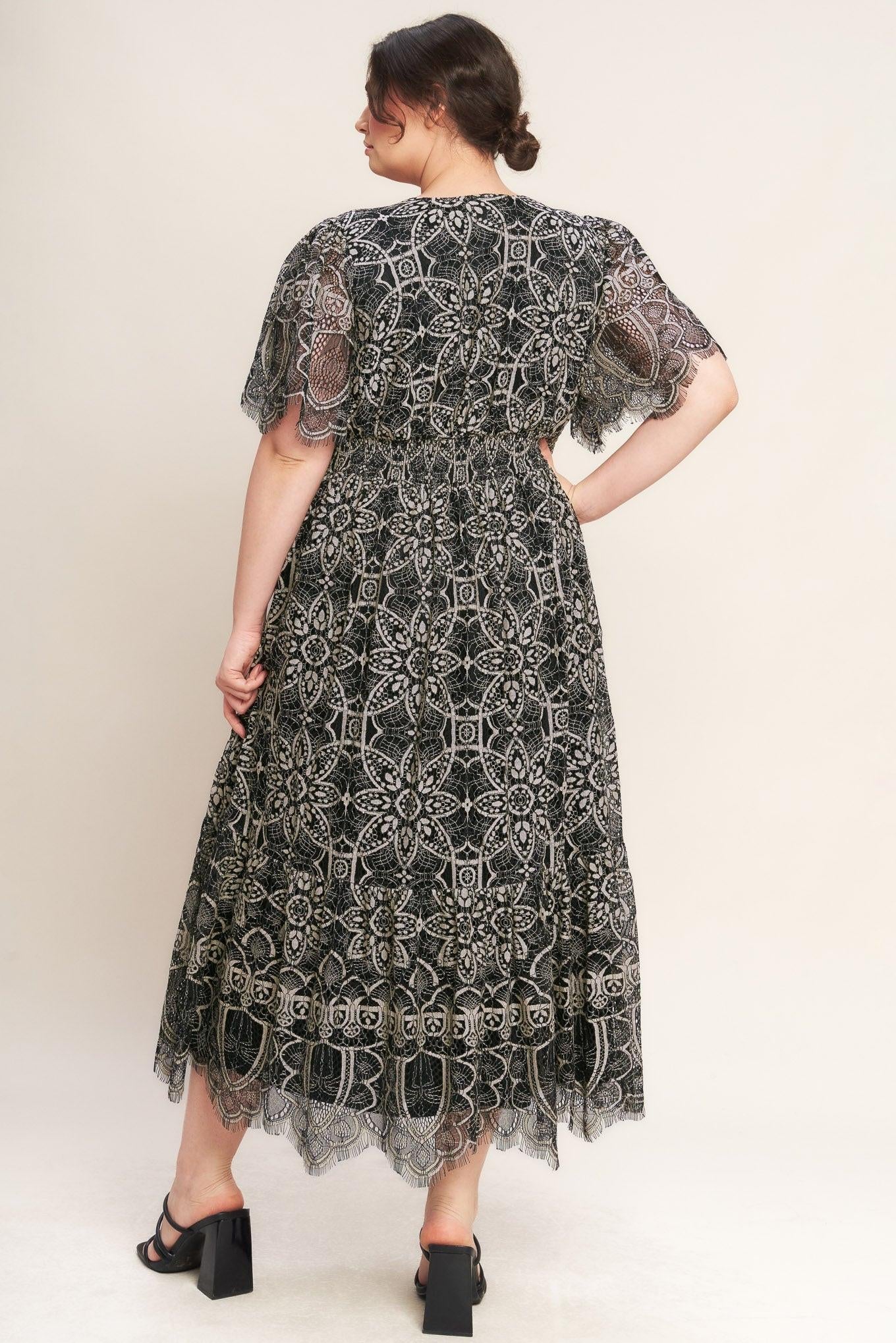 GOTHIC BLOOM WOVEN LACE MIDI DRESS - Night Bloom Digital Empire Studios