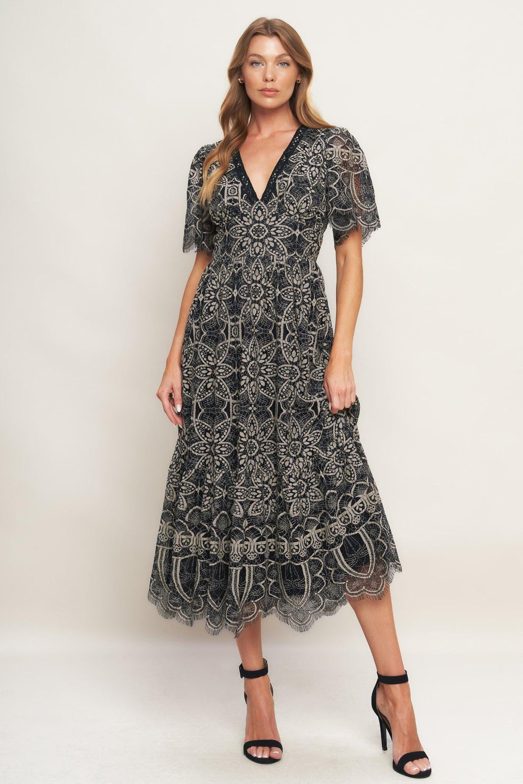 GOTHIC BLOOM WOVEN LACE MIDI DRESS - Night Bloom Digital Empire Studios