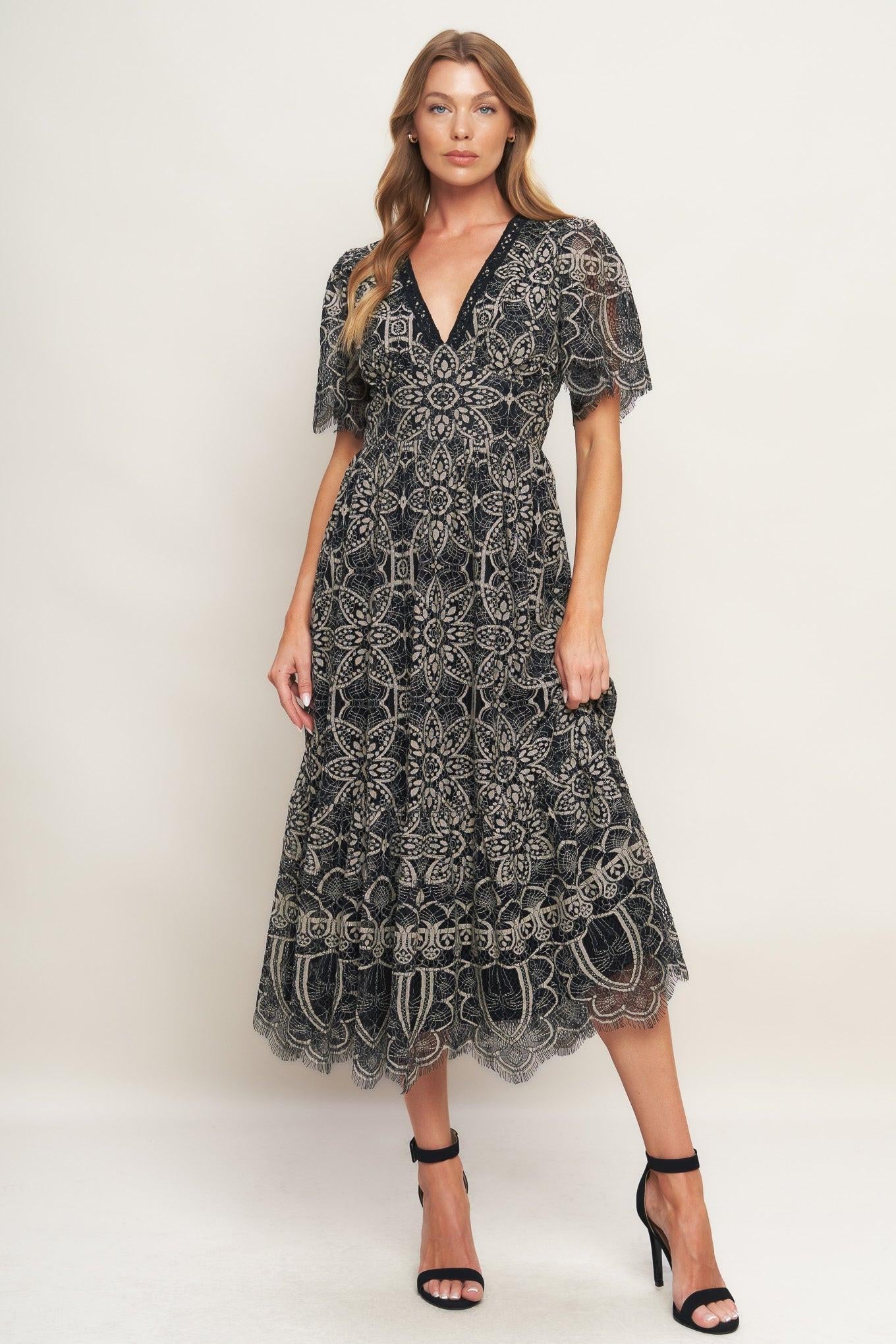GOTHIC BLOOM WOVEN LACE MIDI DRESS - Night Bloom Digital Empire Studios