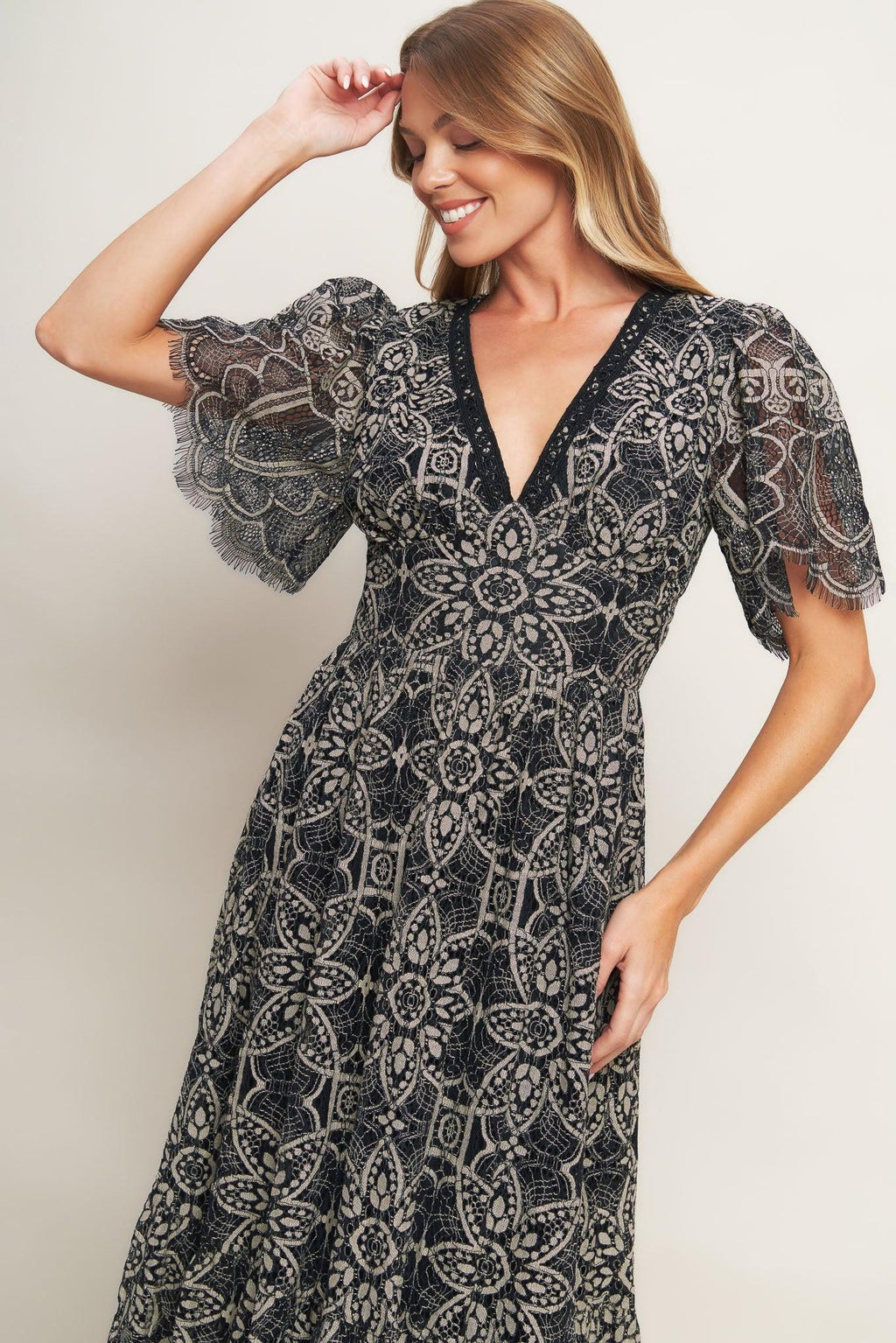 GOTHIC BLOOM WOVEN LACE MIDI DRESS - Night Bloom Digital Empire Studios