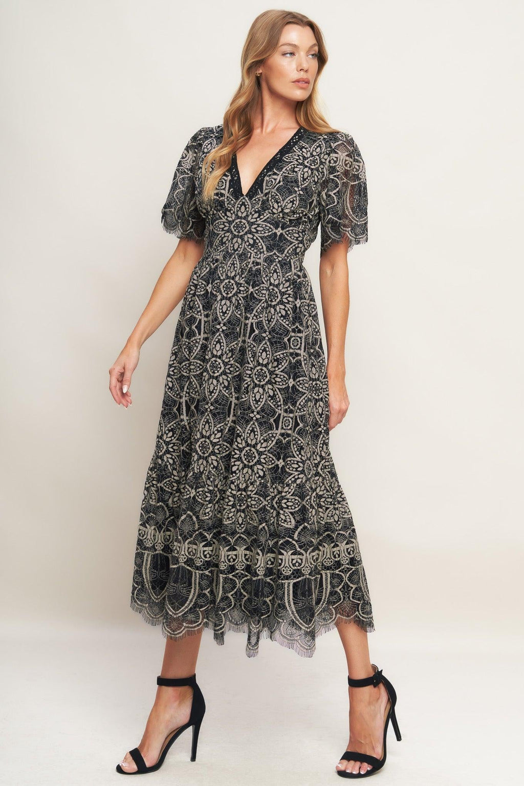 GOTHIC BLOOM WOVEN LACE MIDI DRESS - Night Bloom Digital Empire Studios