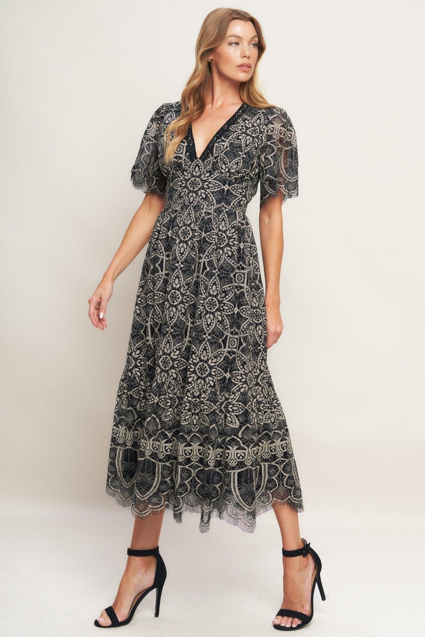 GOTHIC BLOOM WOVEN LACE MIDI DRESS - Night Bloom Digital Empire Studios