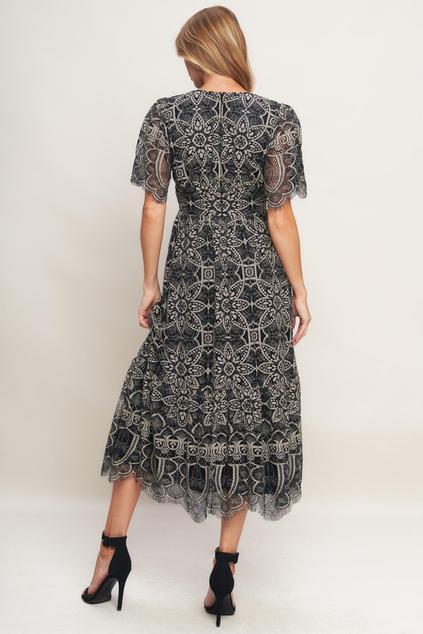 GOTHIC BLOOM WOVEN LACE MIDI DRESS - Night Bloom Digital Empire Studios