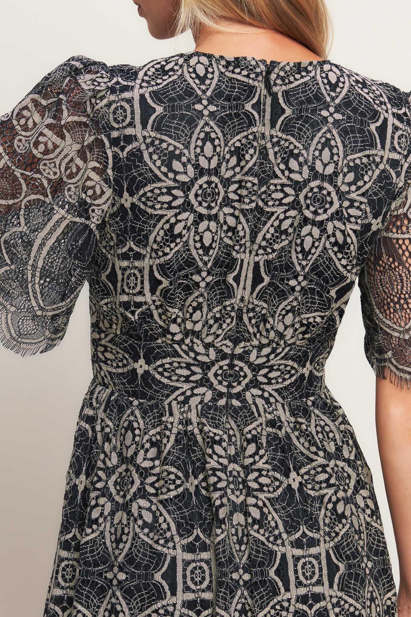 GOTHIC BLOOM WOVEN LACE MIDI DRESS - Night Bloom Digital Empire Studios