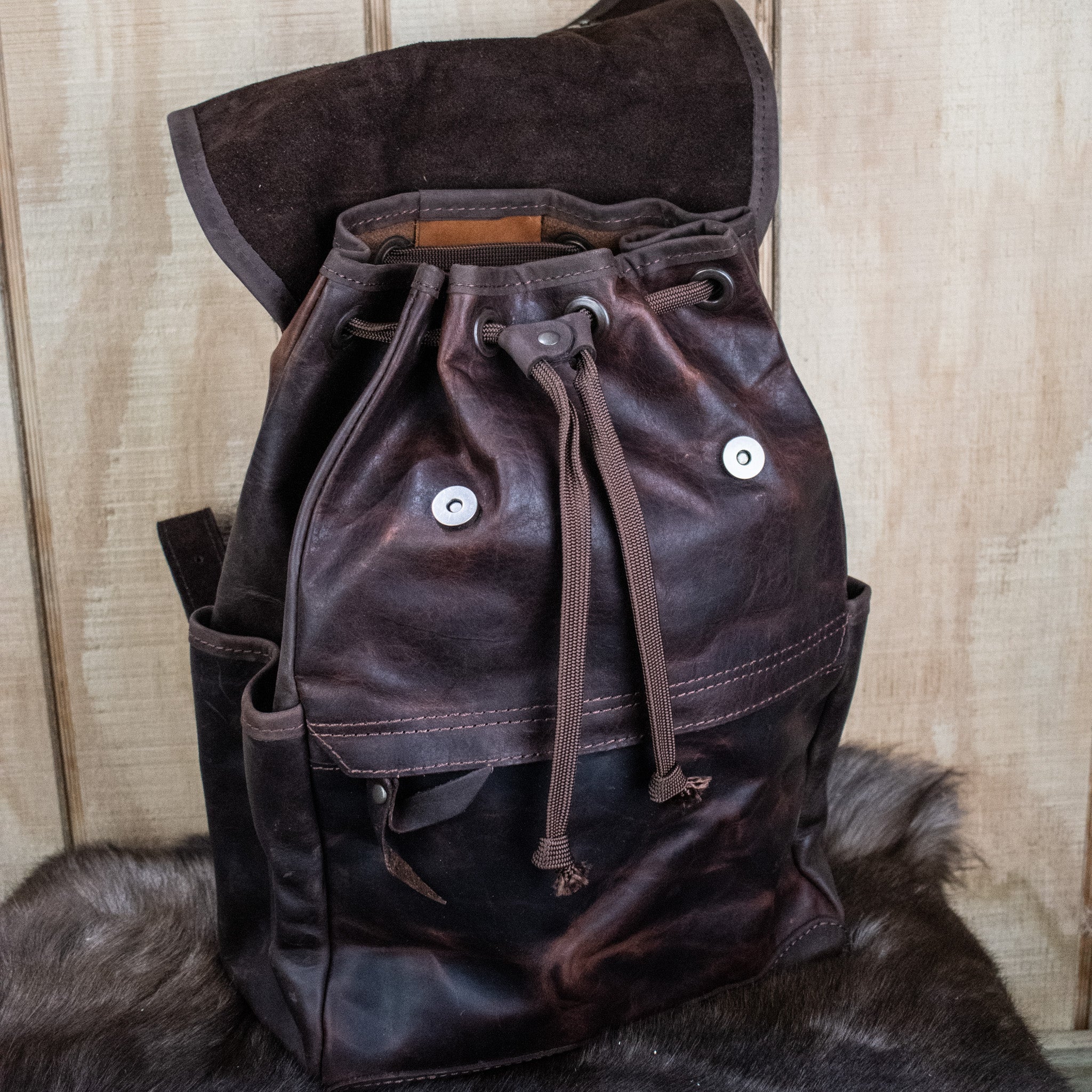 Leather Hide Backpack - Mahogany and Brown (Rustic) - Night Bloom Digital Empire Studios