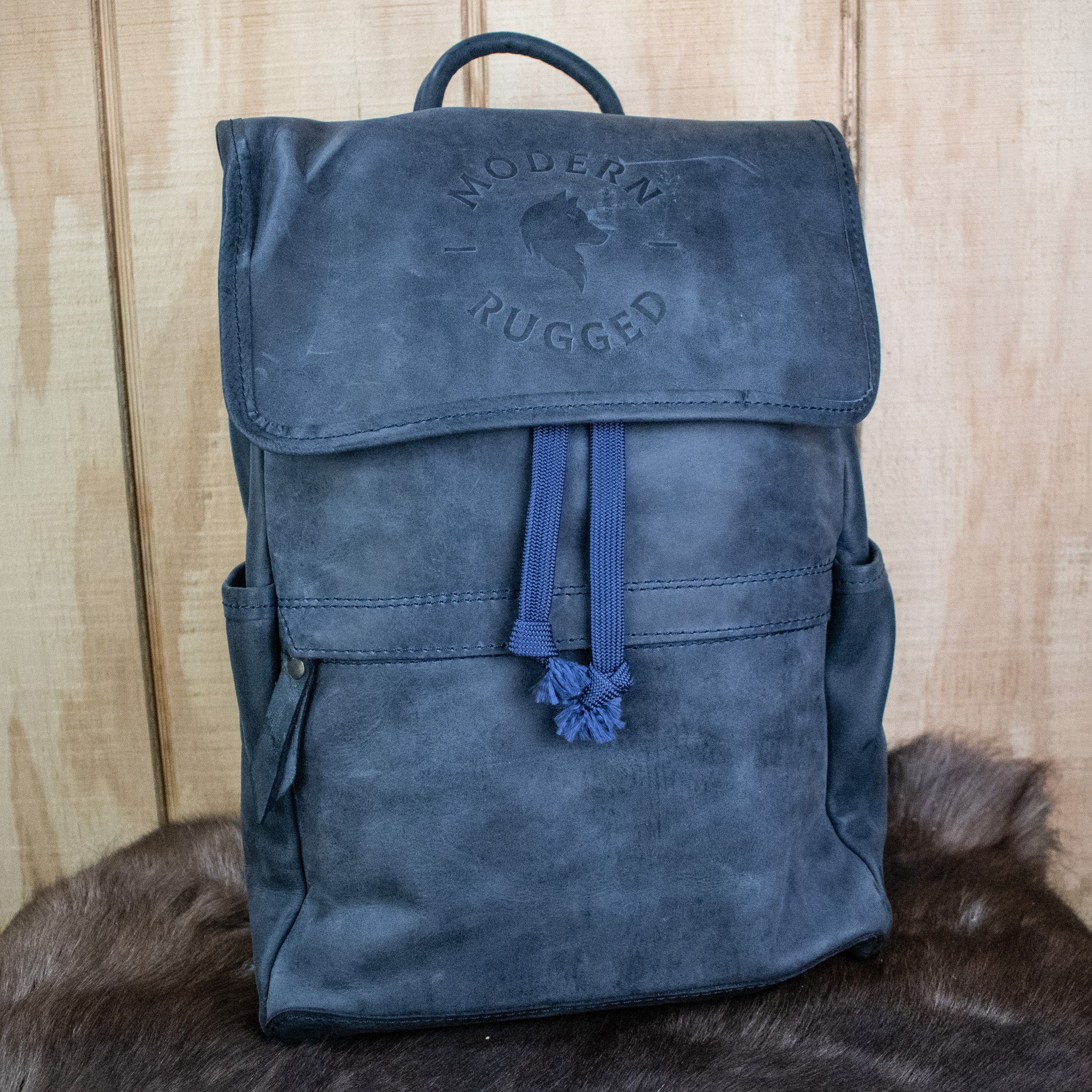 Leather Hide Backpack - Soft Navy (Weathered) - Night Bloom Digital Empire Studios
