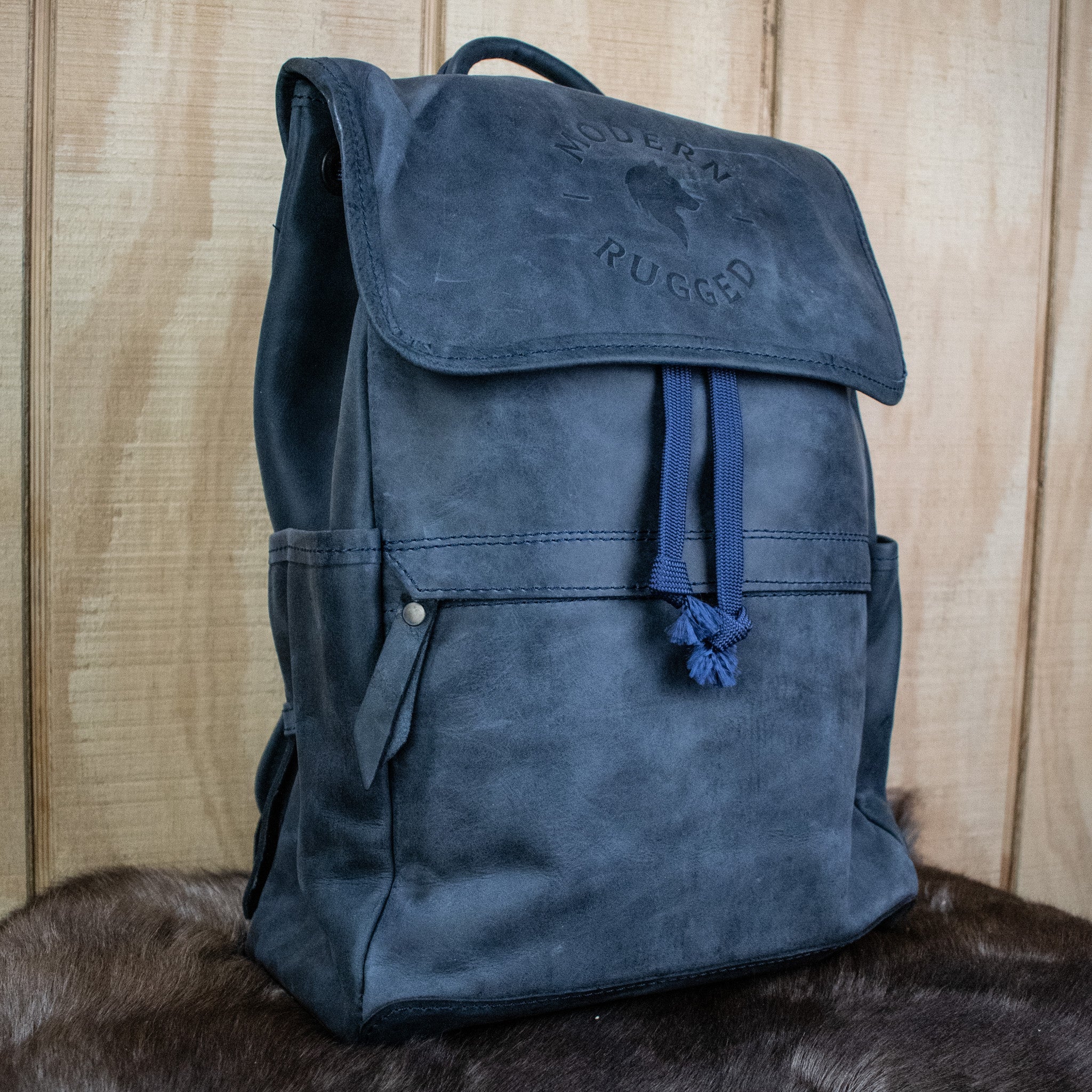 Leather Hide Backpack - Soft Navy (Weathered) - Night Bloom Digital Empire Studios