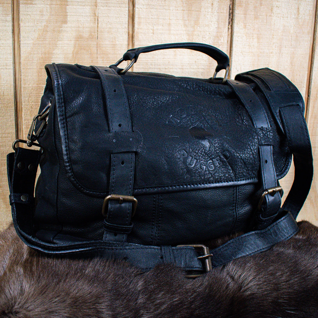 Leather Hide Laptop Bag - Black (Buckles) - Night Bloom Digital Empire Studios