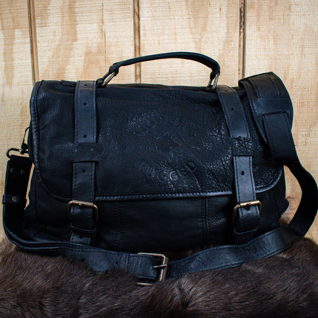 Leather Hide Laptop Bag - Black (Buckles) - Night Bloom Digital Empire Studios