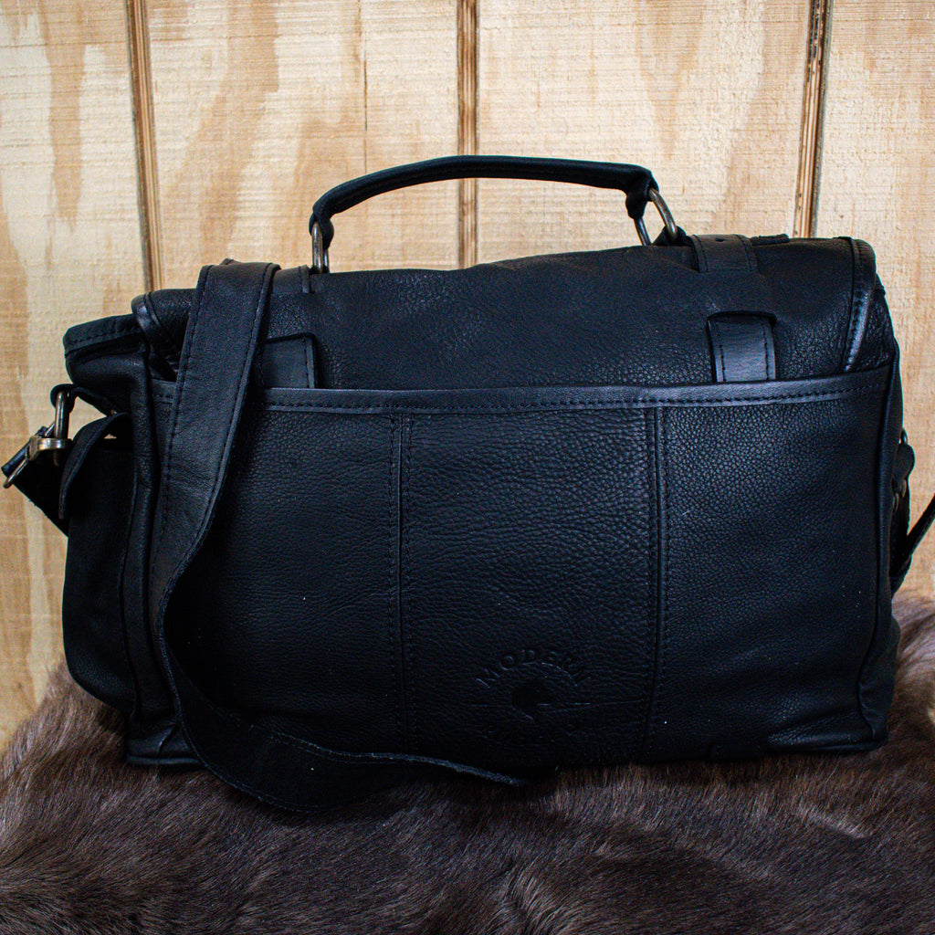 Leather Hide Laptop Bag - Black (Buckles) - Night Bloom Digital Empire Studios
