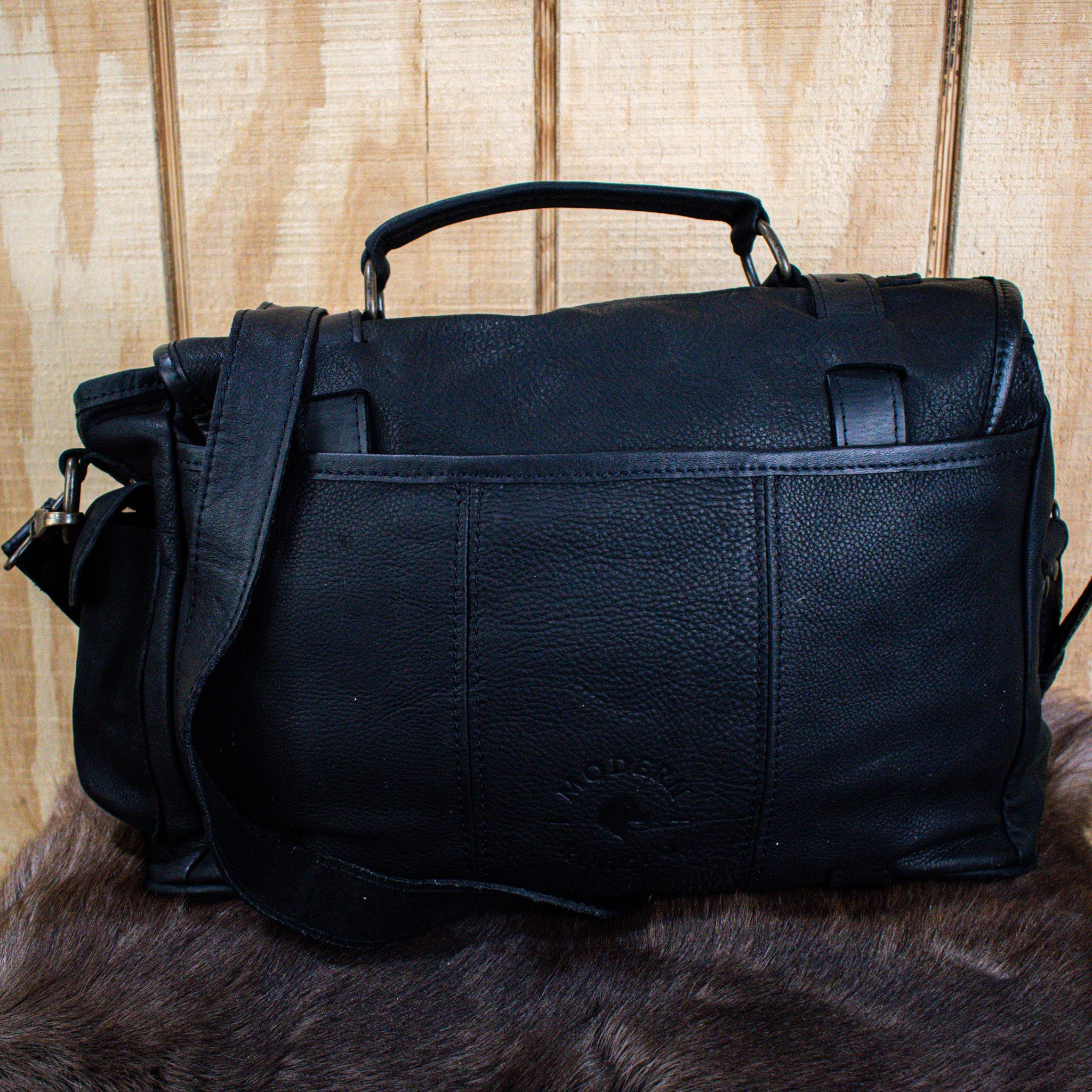 Leather Hide Laptop Bag - Black (Buckles) - Night Bloom Digital Empire Studios