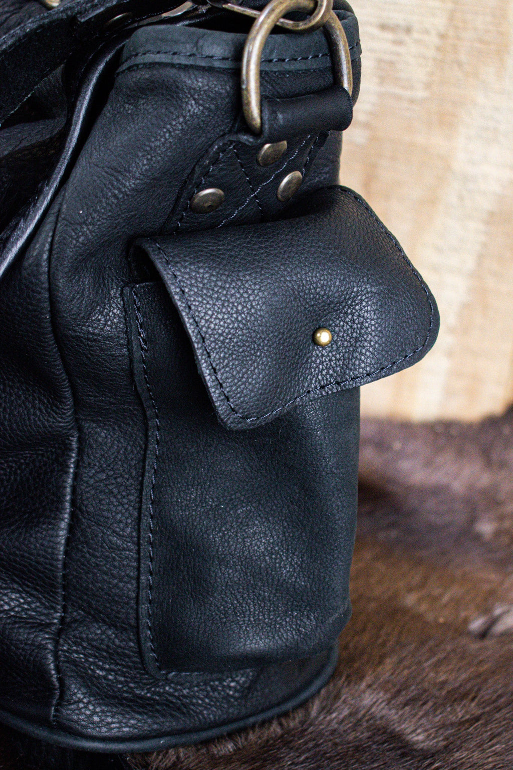 Leather Hide Laptop Bag - Black (Buckles) - Night Bloom Digital Empire Studios