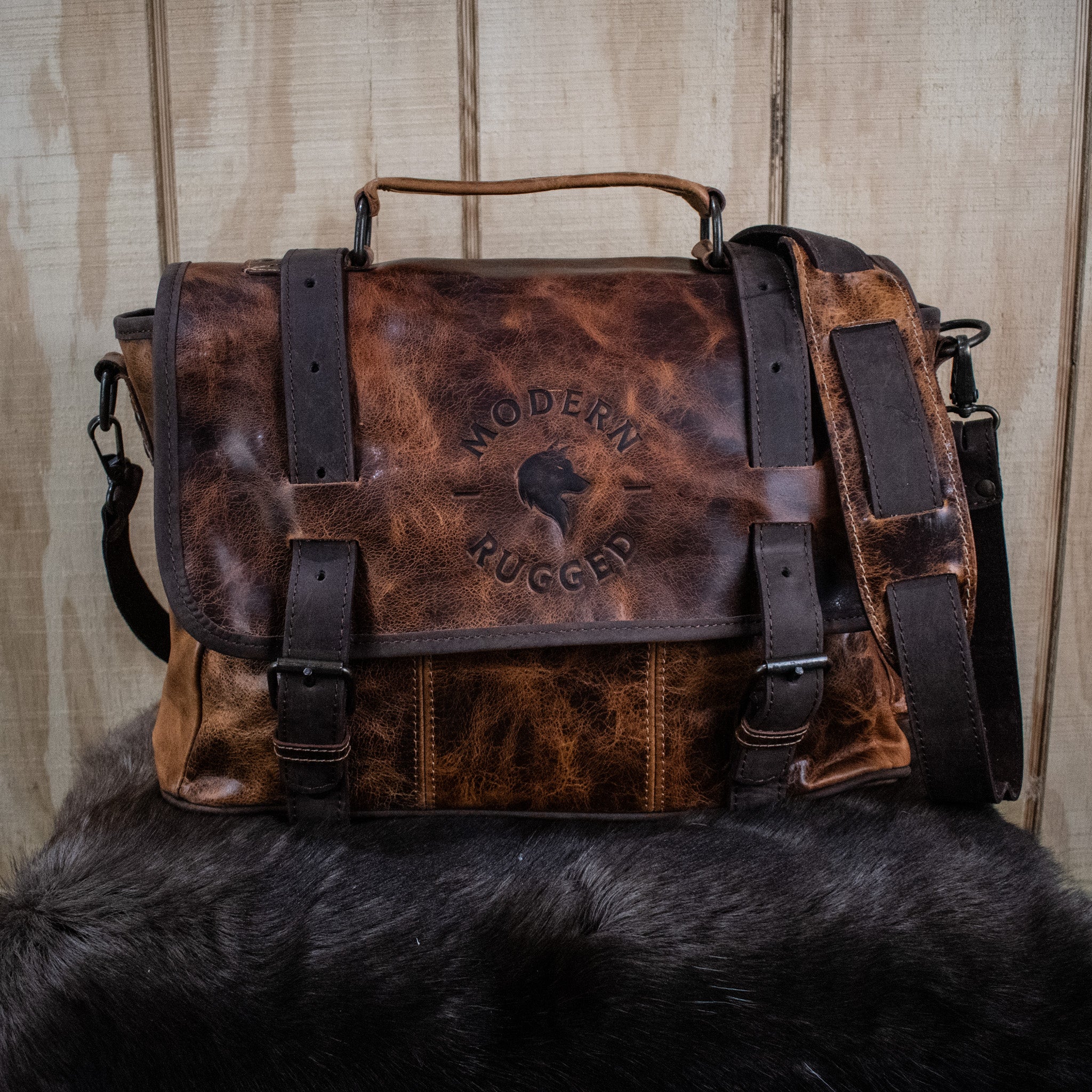 Leather Hide Laptop Bag - Rustic Chestnut and Dark Brown (Buckles) - Night Bloom Digital Empire Studios