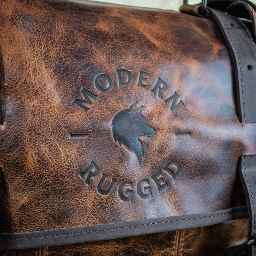 Leather Hide Laptop Bag - Rustic Chestnut and Dark Brown (Buckles) - Night Bloom Digital Empire Studios