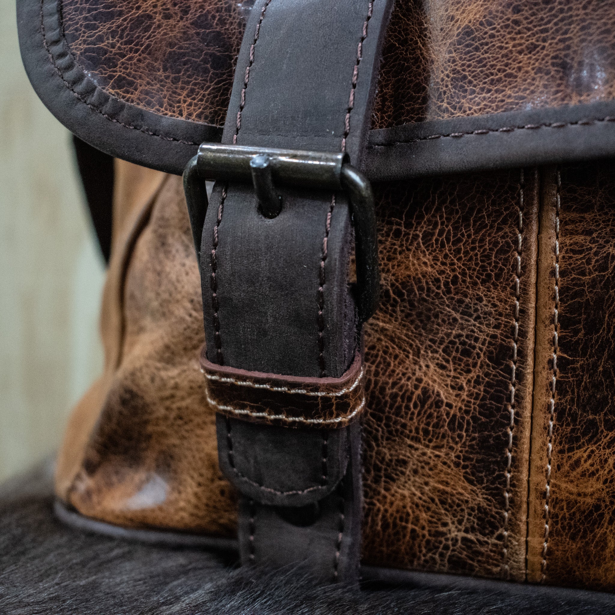 Leather Hide Laptop Bag - Rustic Chestnut and Dark Brown (Buckles) - Night Bloom Digital Empire Studios
