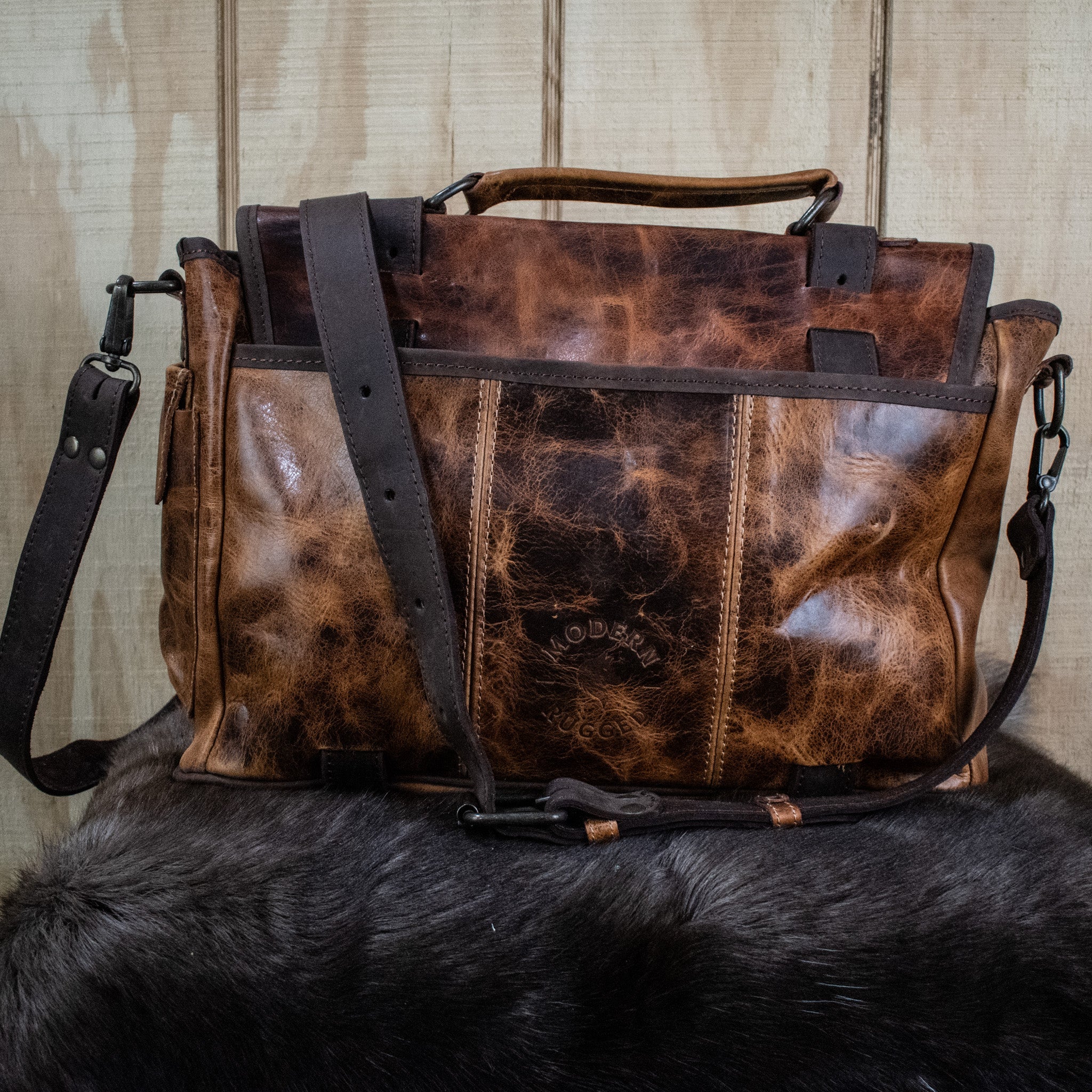 Leather Hide Laptop Bag - Rustic Chestnut and Dark Brown (Buckles) - Night Bloom Digital Empire Studios