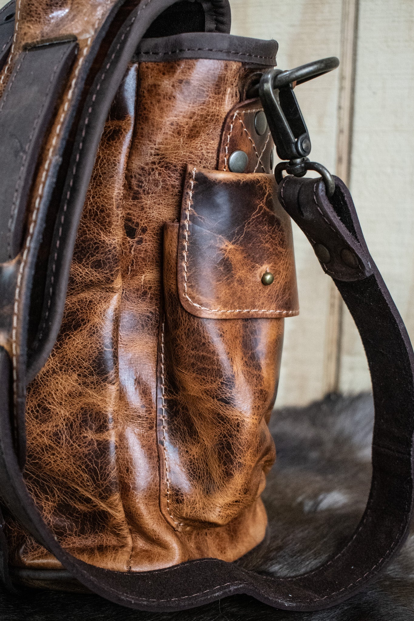 Leather Hide Laptop Bag - Rustic Chestnut and Dark Brown (Buckles) - Night Bloom Digital Empire Studios