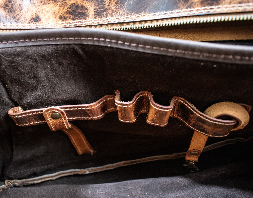 Leather Hide Laptop Bag - Rustic Chestnut and Dark Brown (Buckles) - Night Bloom Digital Empire Studios