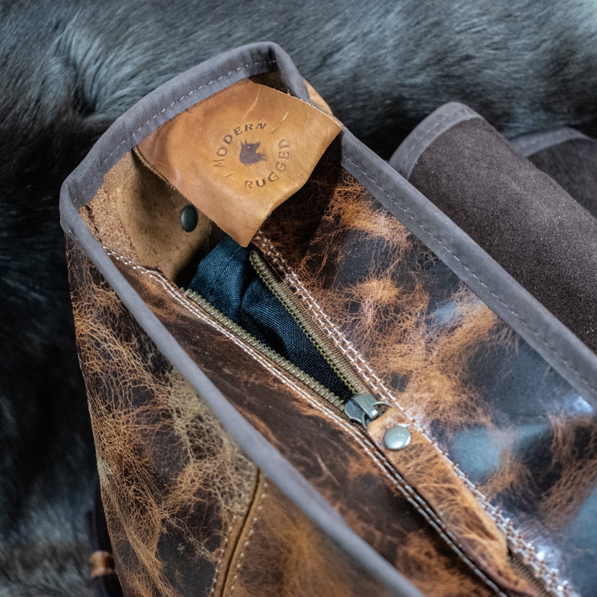 Leather Hide Laptop Bag - Rustic Chestnut and Dark Brown (Buckles) - Night Bloom Digital Empire Studios
