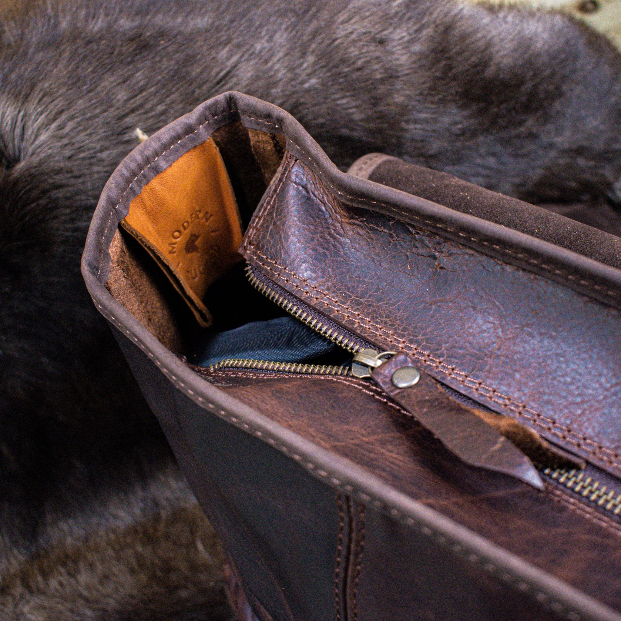 Leather Hide Laptop Bag - Rustic Mahogany and Brown (Clasps) - Night Bloom Digital Empire Studios