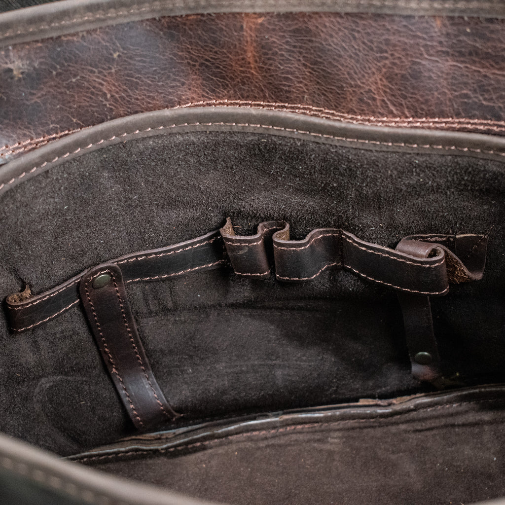 Leather Hide Laptop Bag - Rustic Mahogany and Brown (Clasps) - Night Bloom Digital Empire Studios