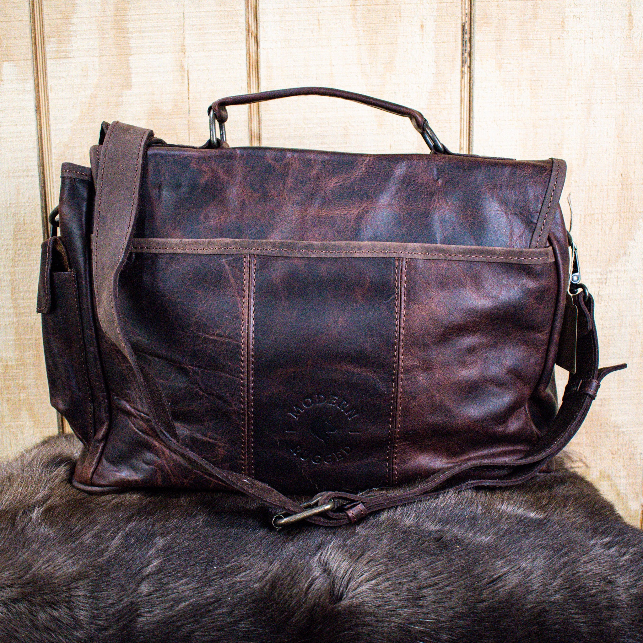 Leather Hide Laptop Bag - Rustic Mahogany and Brown (Clasps) - Night Bloom Digital Empire Studios