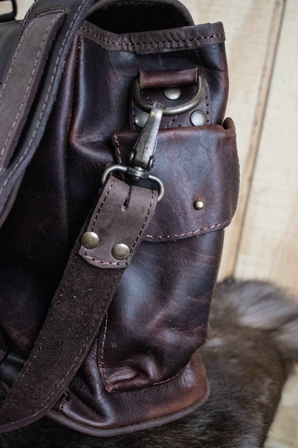 Leather Hide Laptop Bag - Rustic Mahogany and Brown (Clasps) - Night Bloom Digital Empire Studios