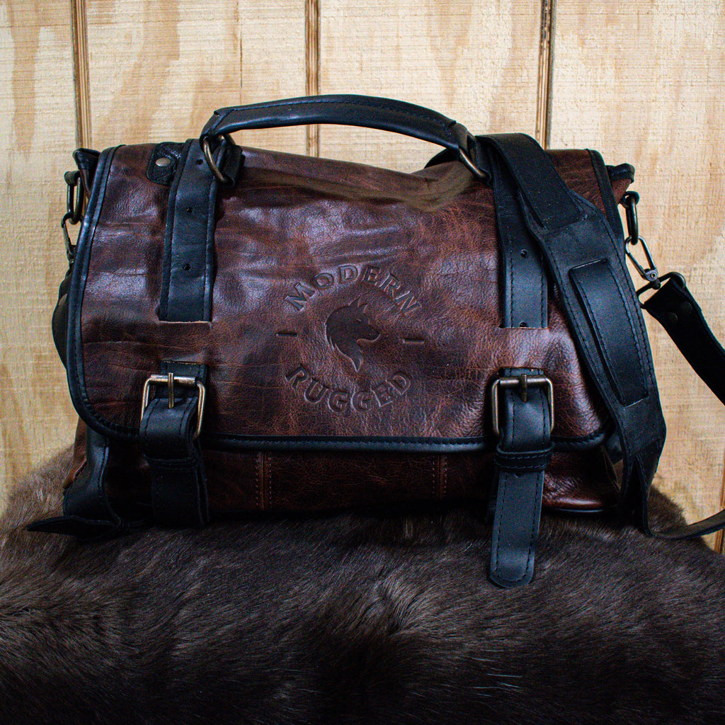 Leather Hide Laptop Bag - Rustic Merlot and Black (Buckles) - Night Bloom Digital Empire Studios