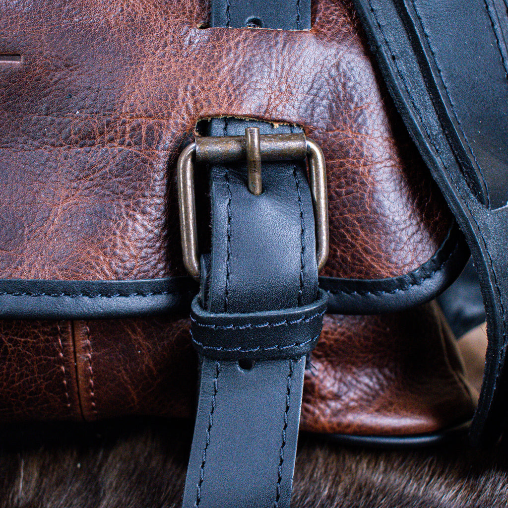Leather Hide Laptop Bag - Rustic Merlot and Black (Buckles) - Night Bloom Digital Empire Studios