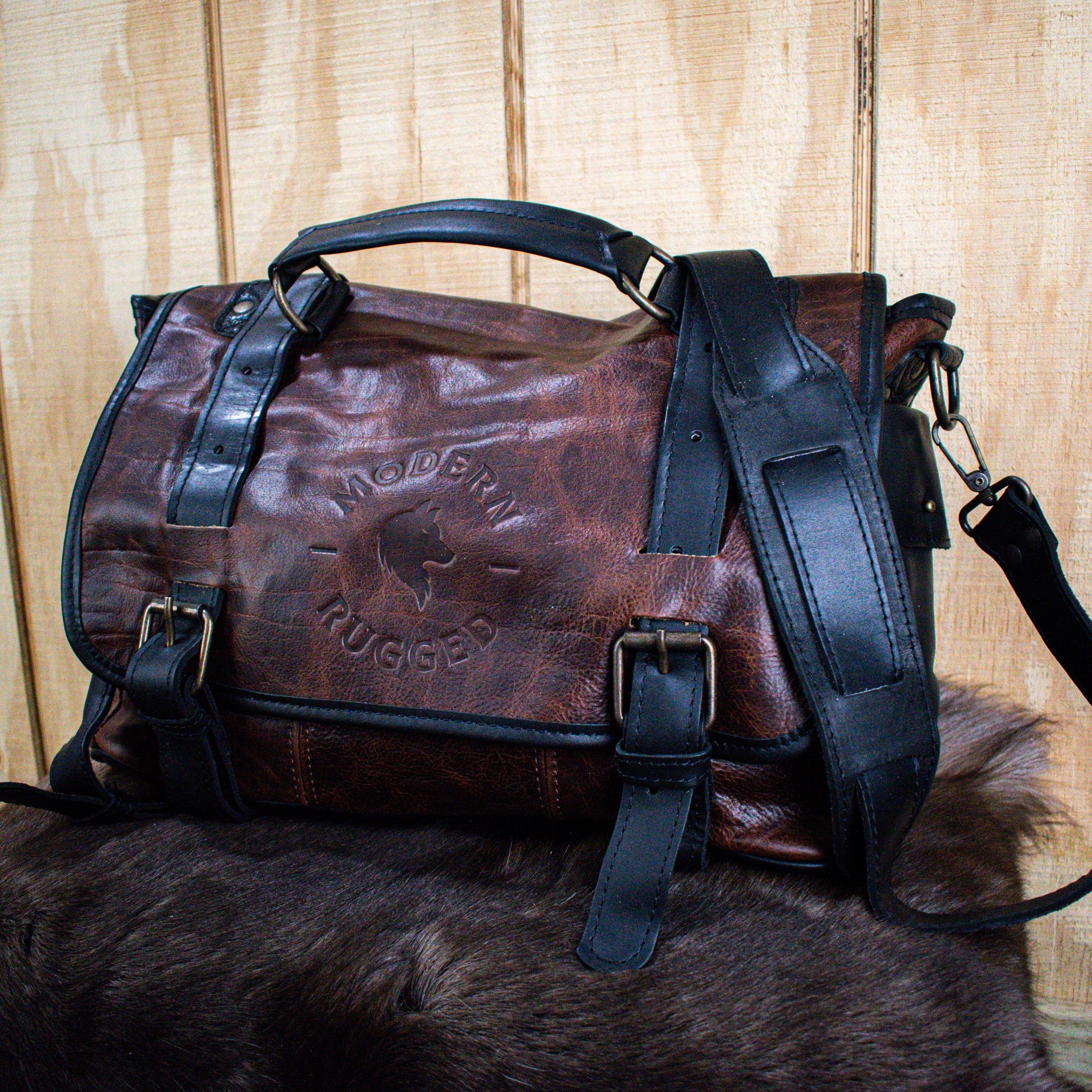 Leather Hide Laptop Bag - Rustic Merlot and Black (Buckles) - Night Bloom Digital Empire Studios