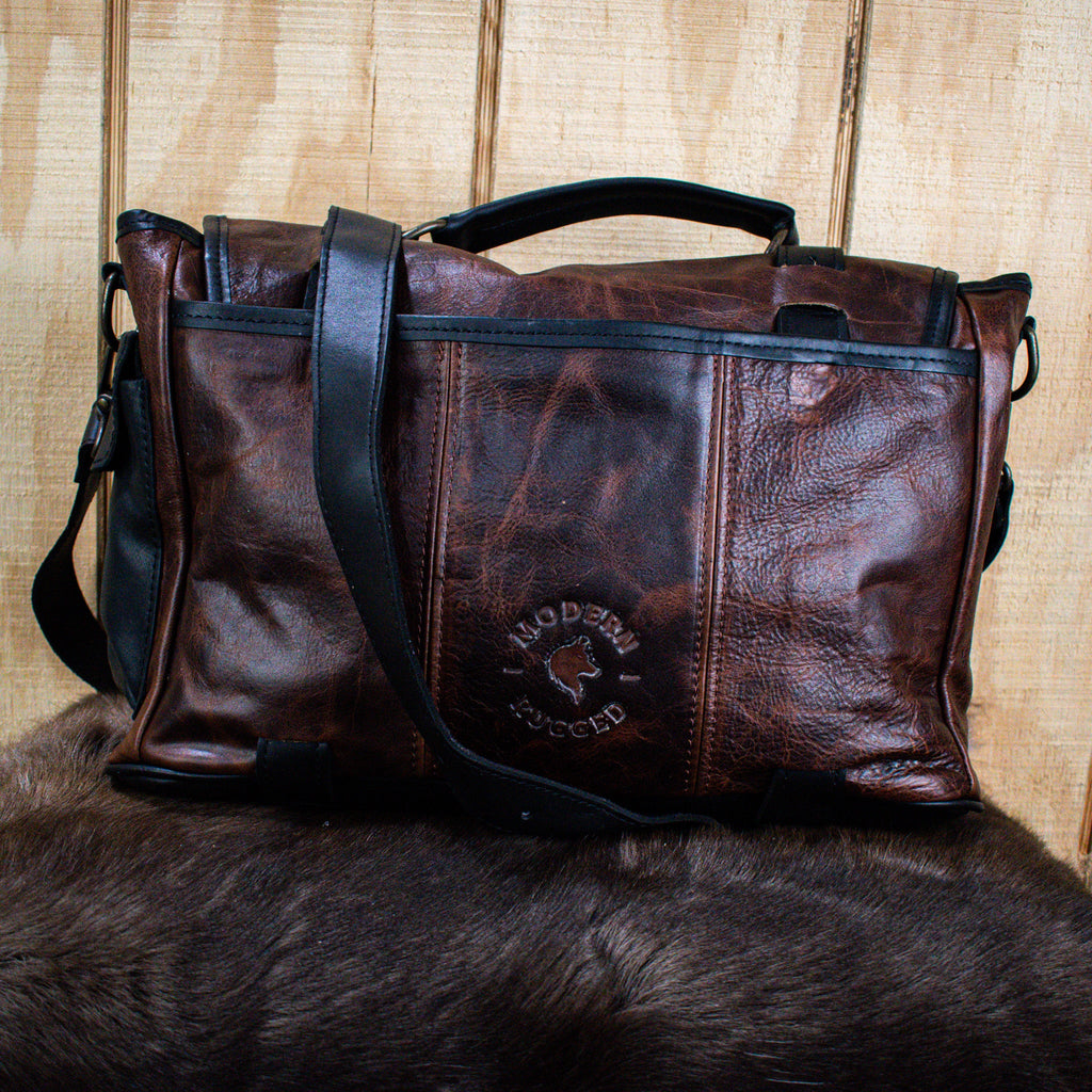 Leather Hide Laptop Bag - Rustic Merlot and Black (Buckles) - Night Bloom Digital Empire Studios