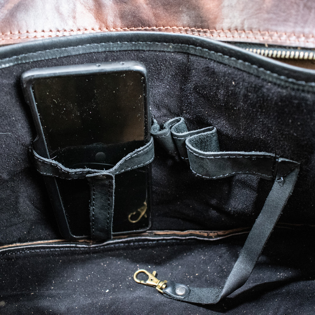 Leather Hide Laptop Bag - Rustic Merlot and Black (Buckles) - Night Bloom Digital Empire Studios