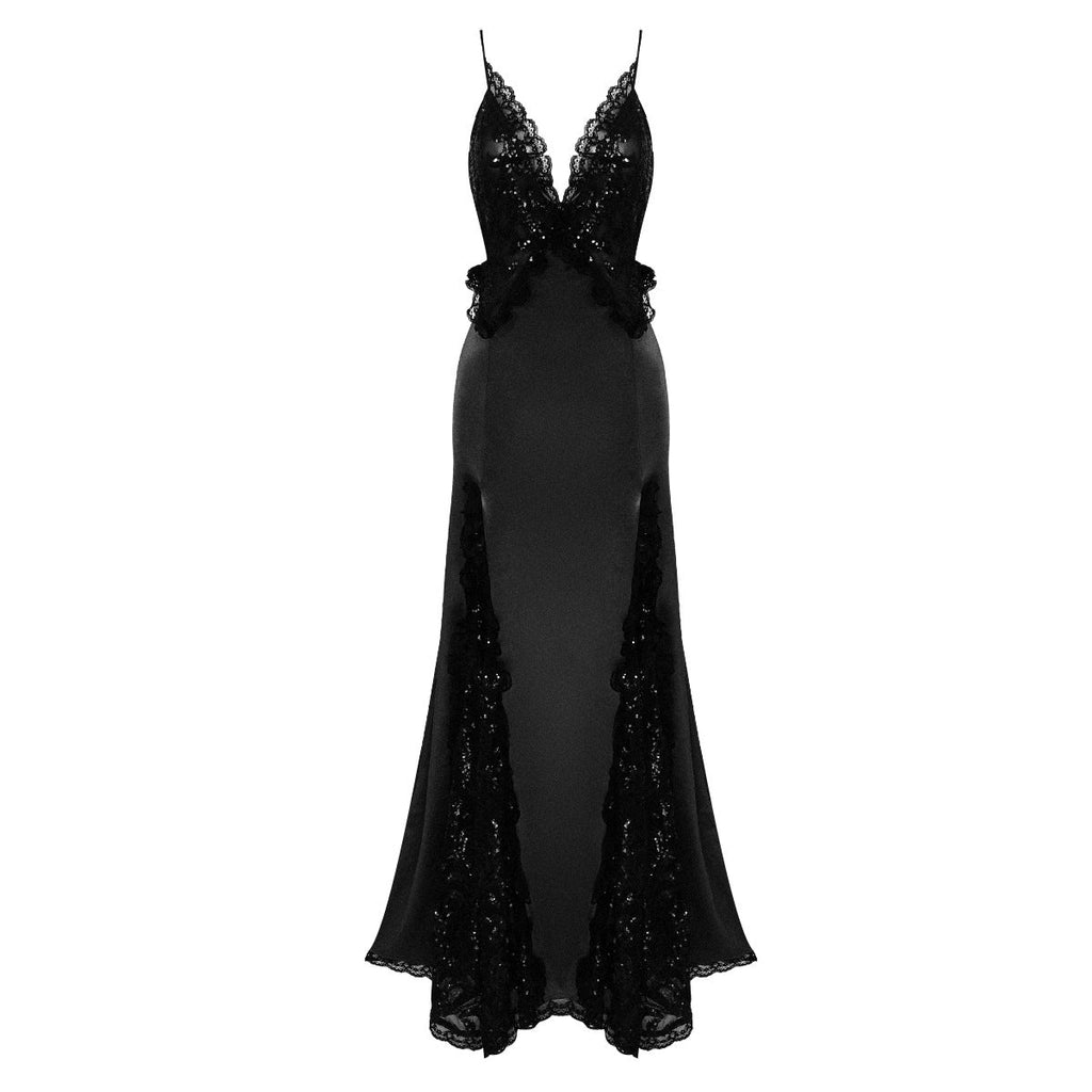 Gothic Sequin Lace Satin Dress Black Patchwork Vintage Green Maxi Dress Women Clothing Dress - Night Bloom Digital Empire Studios