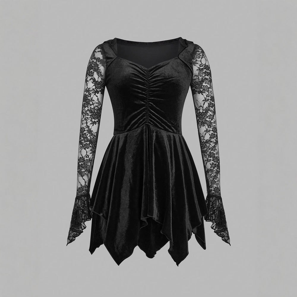 Gothic Vintage Lace Stitching Women Dress Gothic Bandage Ladies Long Sleeve Velvet Dress - Night Bloom Digital Empire Studios