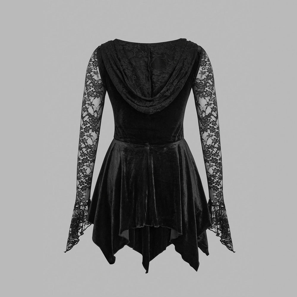 Gothic Vintage Lace Stitching Women Dress Gothic Bandage Ladies Long Sleeve Velvet Dress - Night Bloom Digital Empire Studios